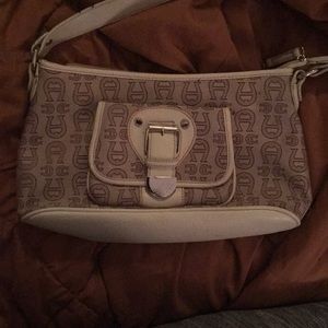 Canvas and white leather purse